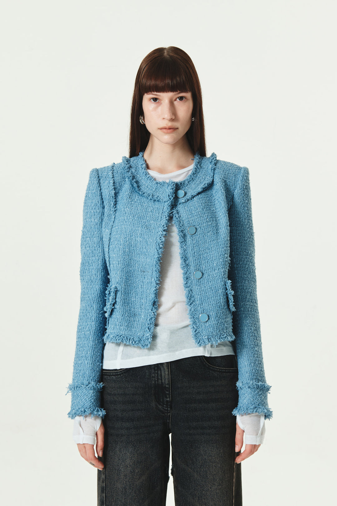 KIMMATIN Unbalance Tweed Crop Jacket