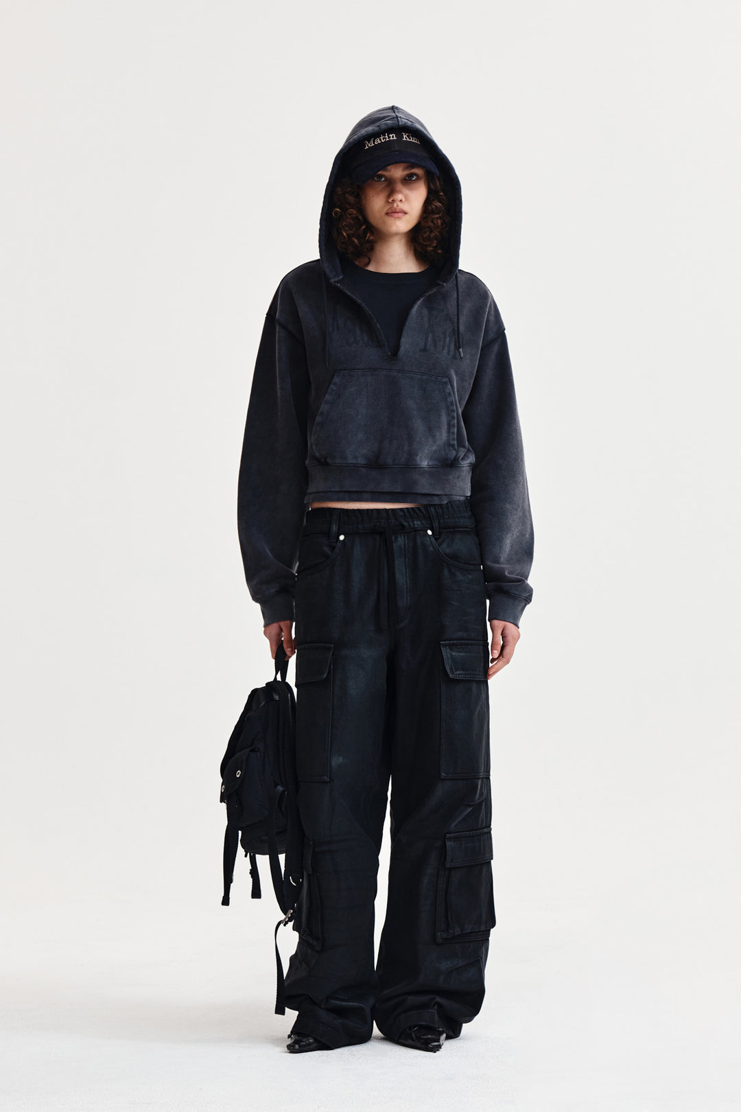 Matin Kim Washed Layered Crop Hoody — Charcoal