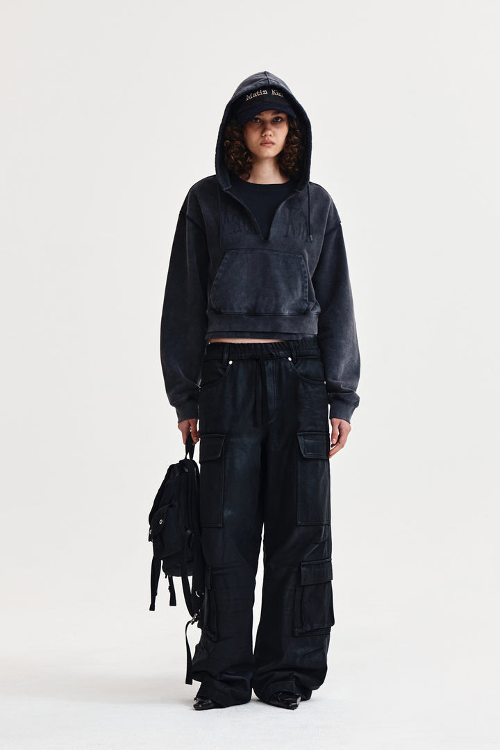 Matin Kim Washed Layered Crop Hoody — Charcoal
