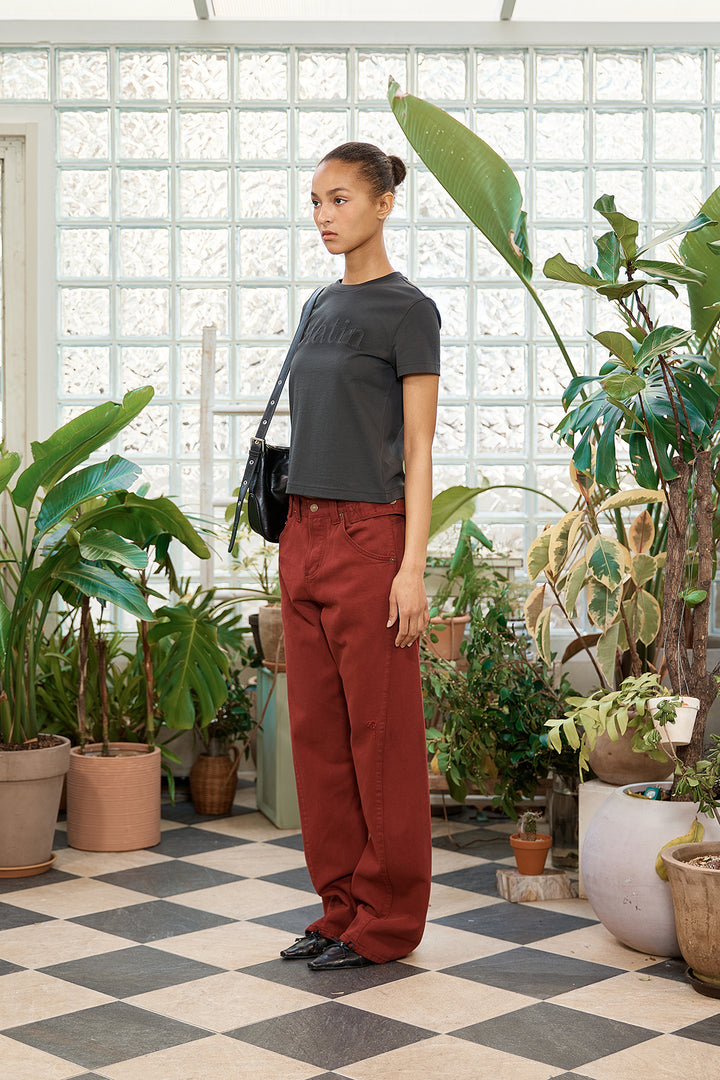 Matin Kim Waist Buckle Curved Dying Denim — Red