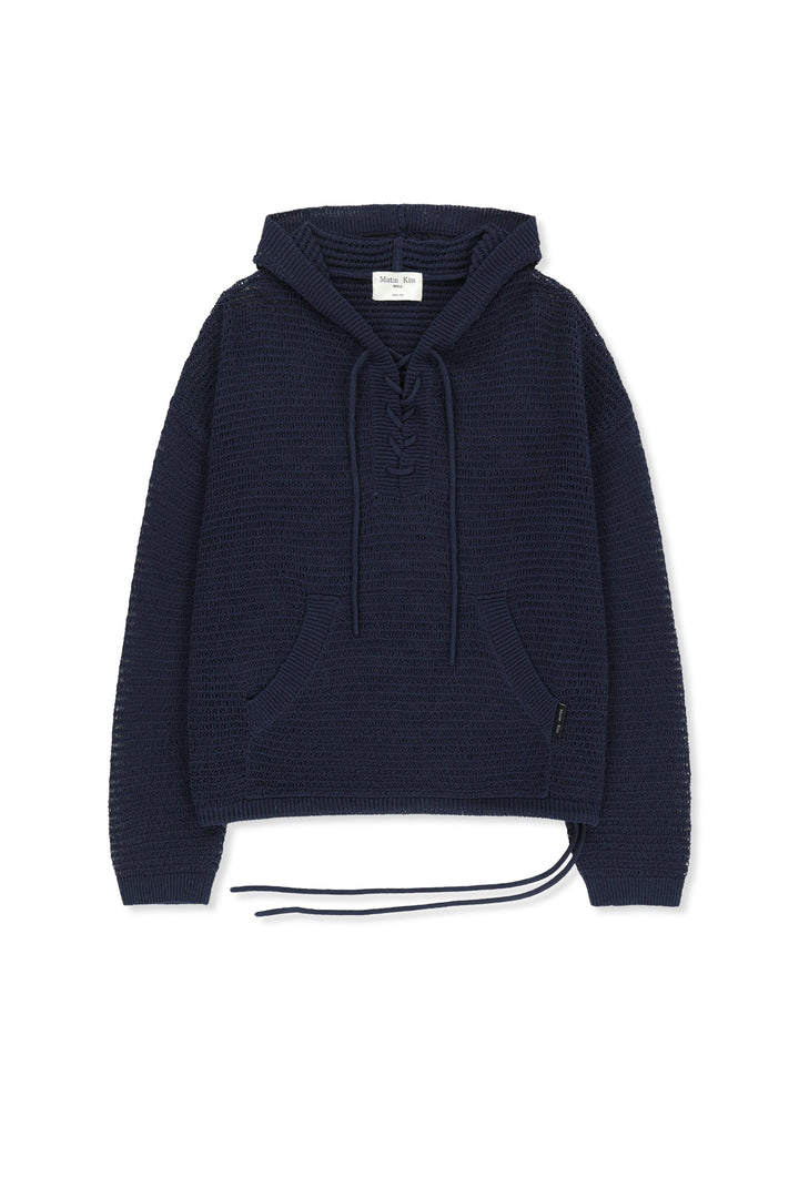 Matin Kim Oversized Mesh Knit Hoodie — Navy blue