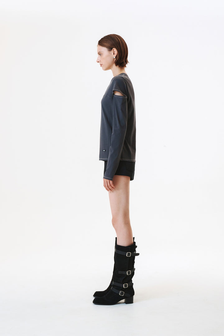 KIMMATIN Stitch Cut Out Long Sleeve Top — Charcoal