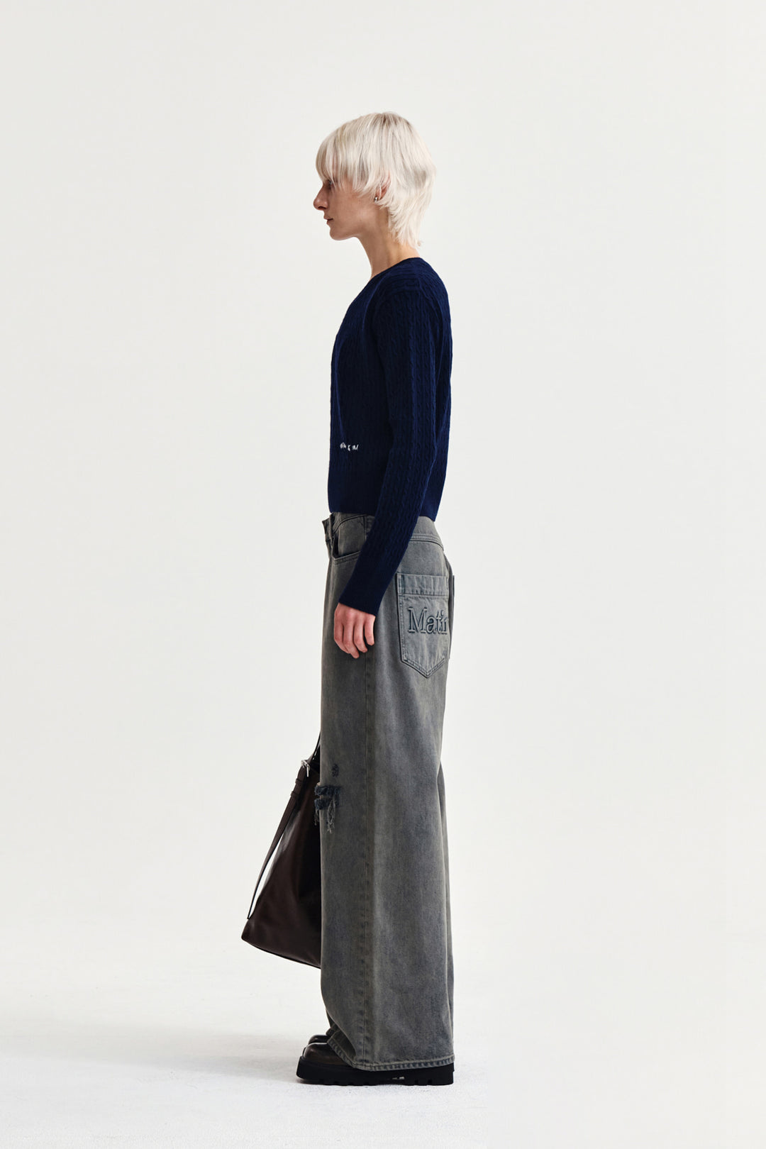 Matin Kim Shiny Cable Pullover — Navy blue