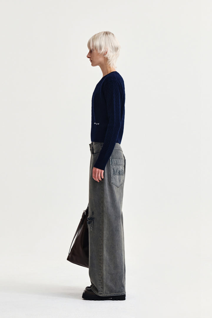 Matin Kim Shiny Cable Pullover — Navy blue