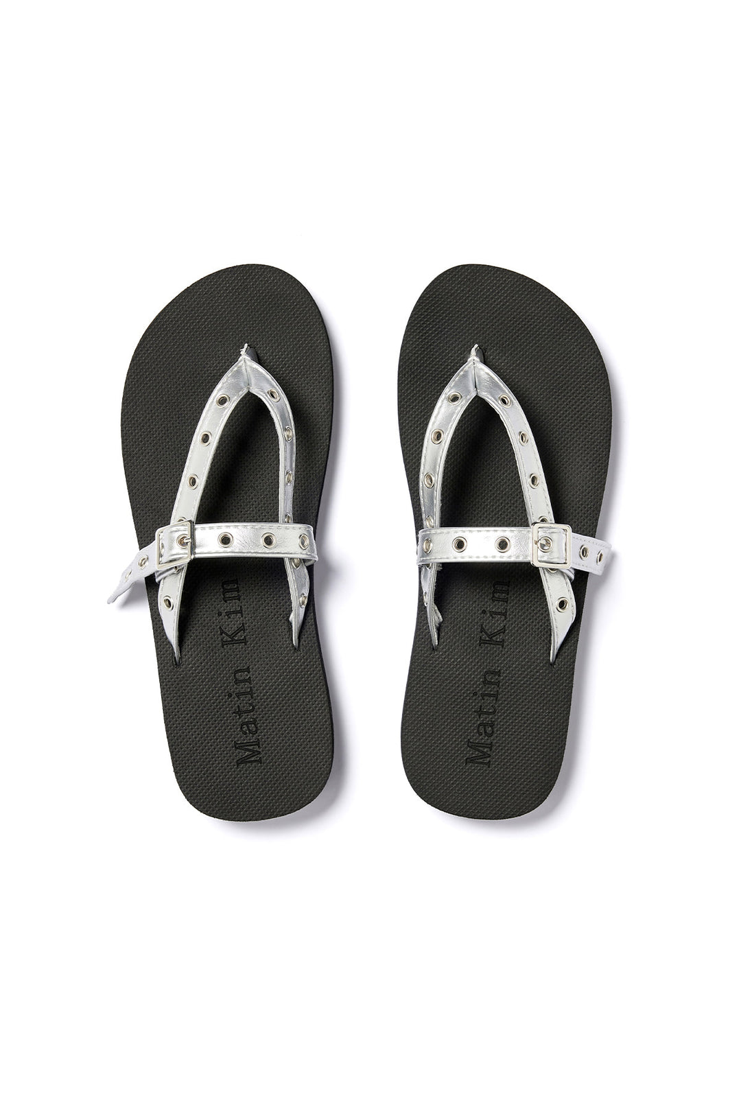 Matin Kim Buckle Eyelet Slippers — Silver