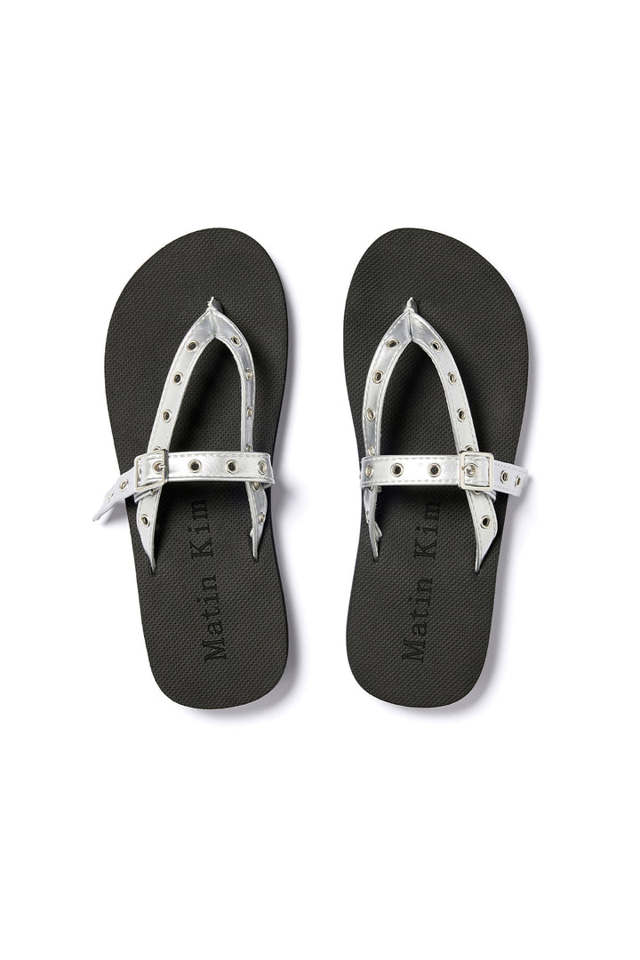 Matin Kim Buckle Eyelet Slippers — Silver