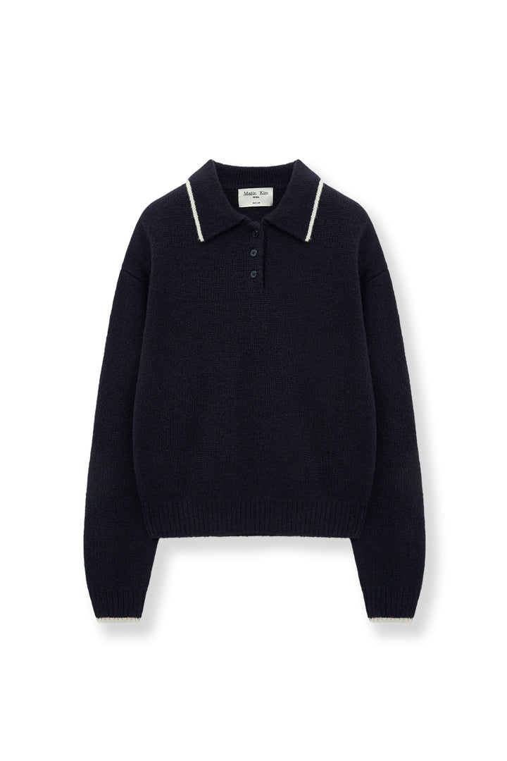 Matin Kim Back Logo Collar Knit Top — Dark Navy