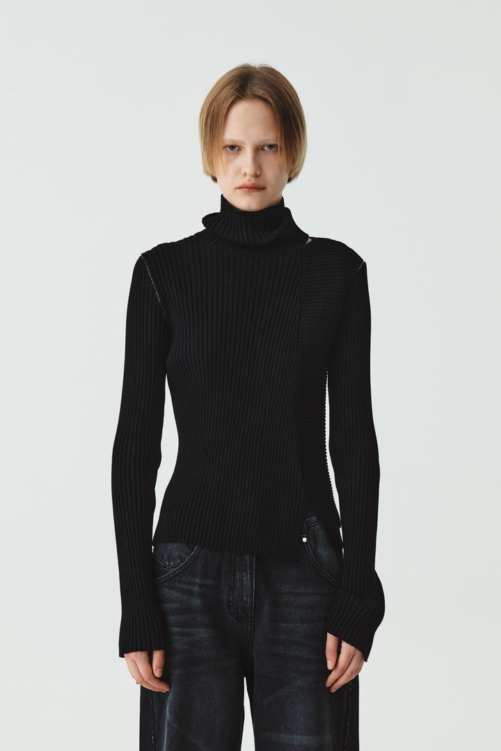KIMMATIN Neck Slit Turtleneck Pullover — Black