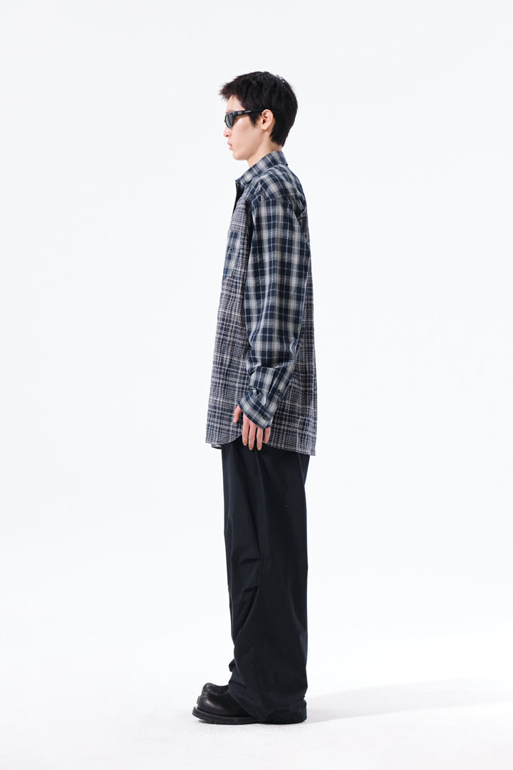 Matin Kim Mixed Check Overfit Shirt — Navy blue