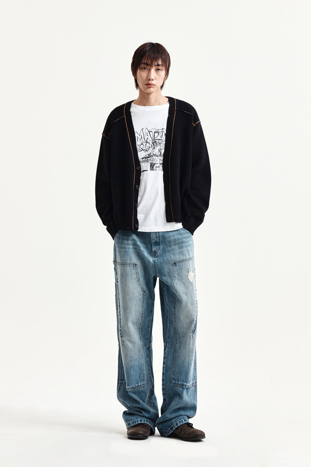 Matin Kim Back Logo Line Point Knit Cardigan — Black