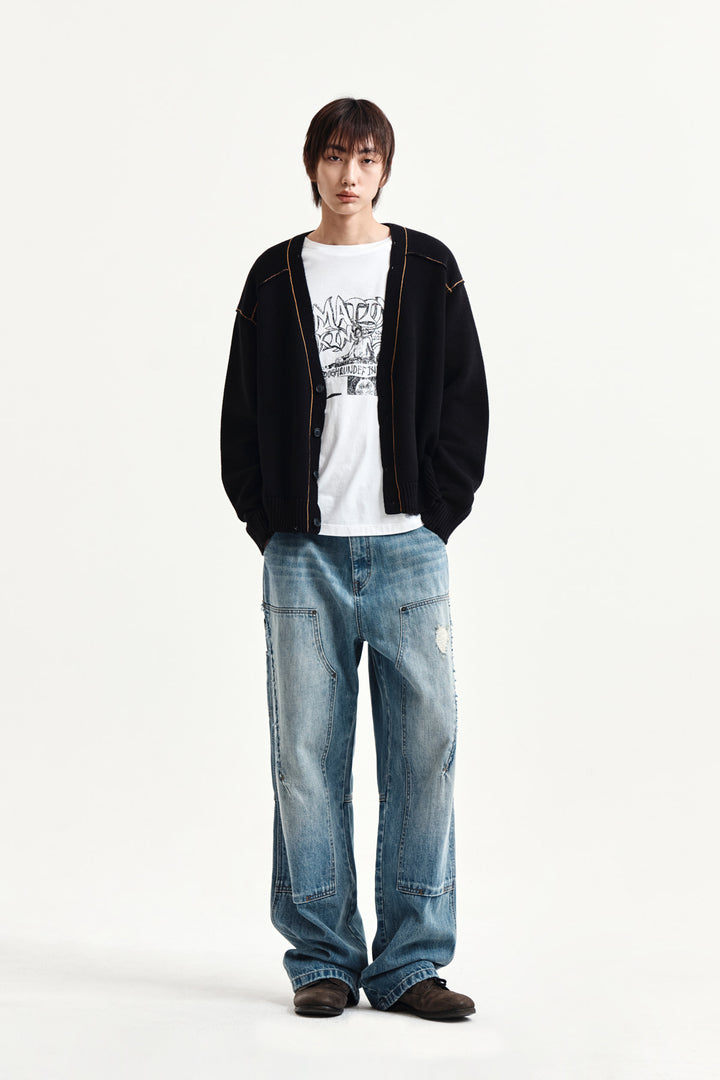 Matin Kim Back Logo Line Point Knit Cardigan — Black