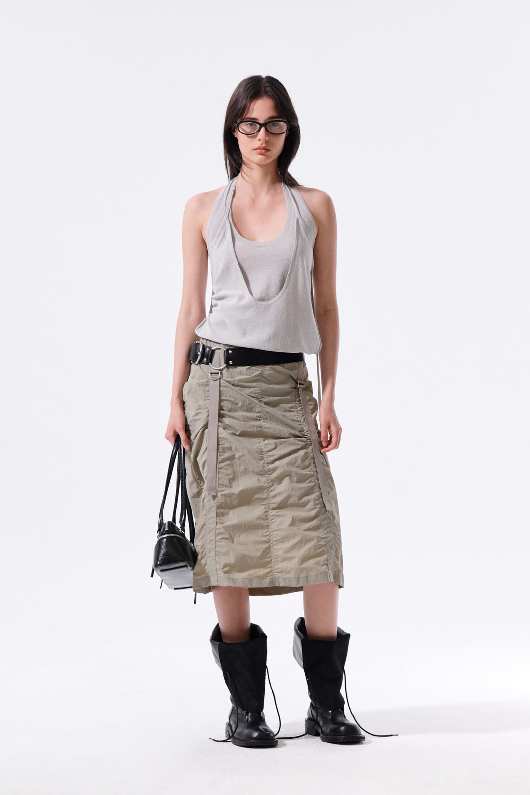 Matin Kim Layered Tie Halter Neck Knit Top — Light Grey