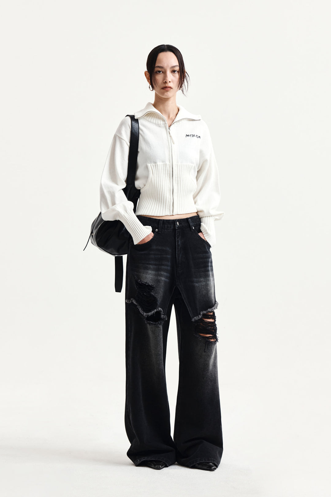 Matin Kim High Neck Embroidered Logo Zip Up — Ivory