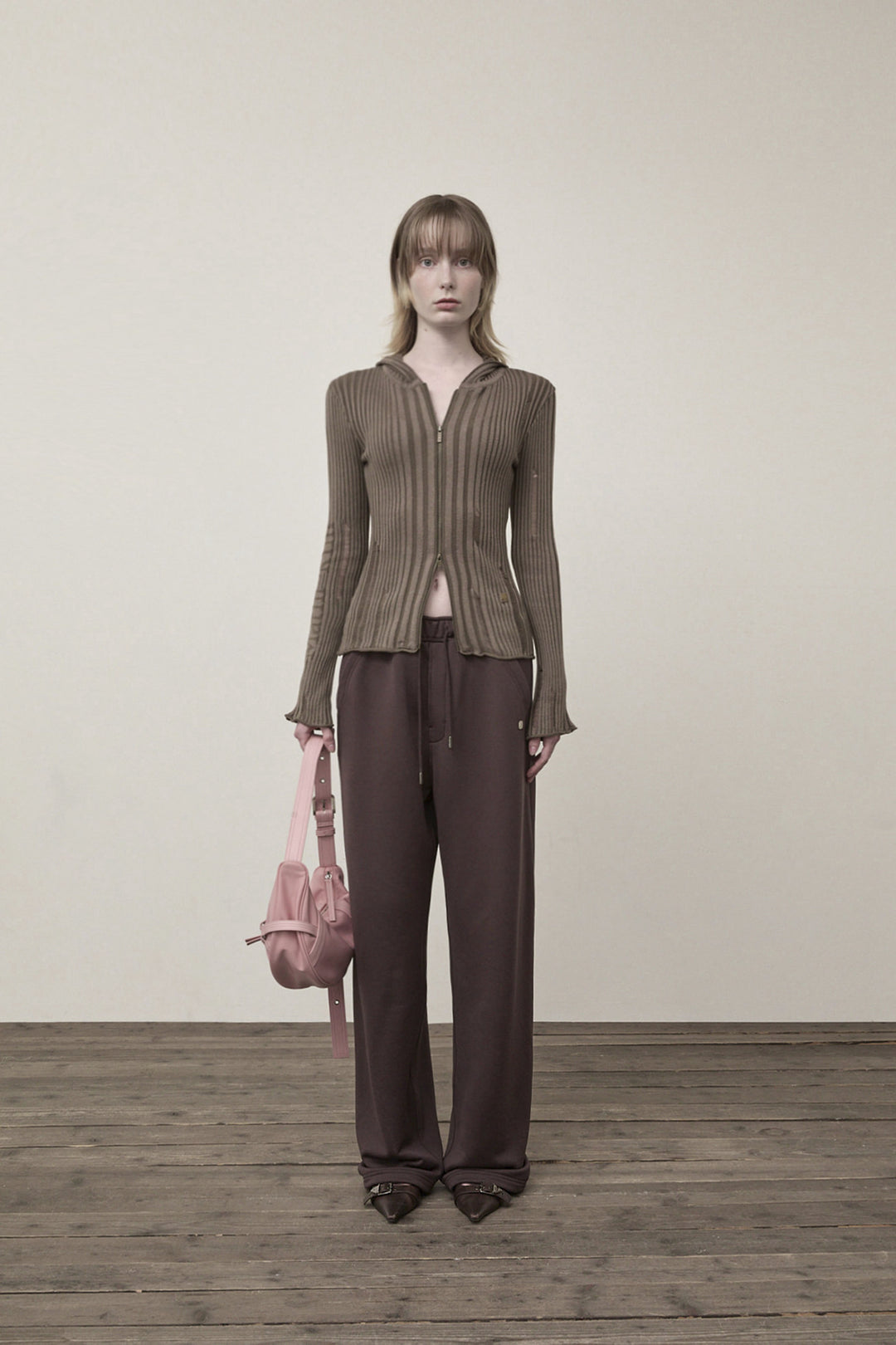 Matin Kim Logo Point Damage Slim Hoody Cardigan — Brown