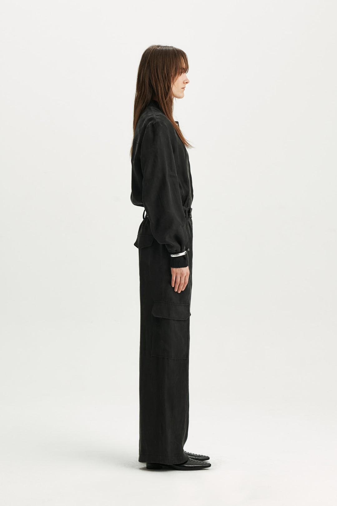 KIMMATIN Silky Belted Cargo Jumpsuit — Black