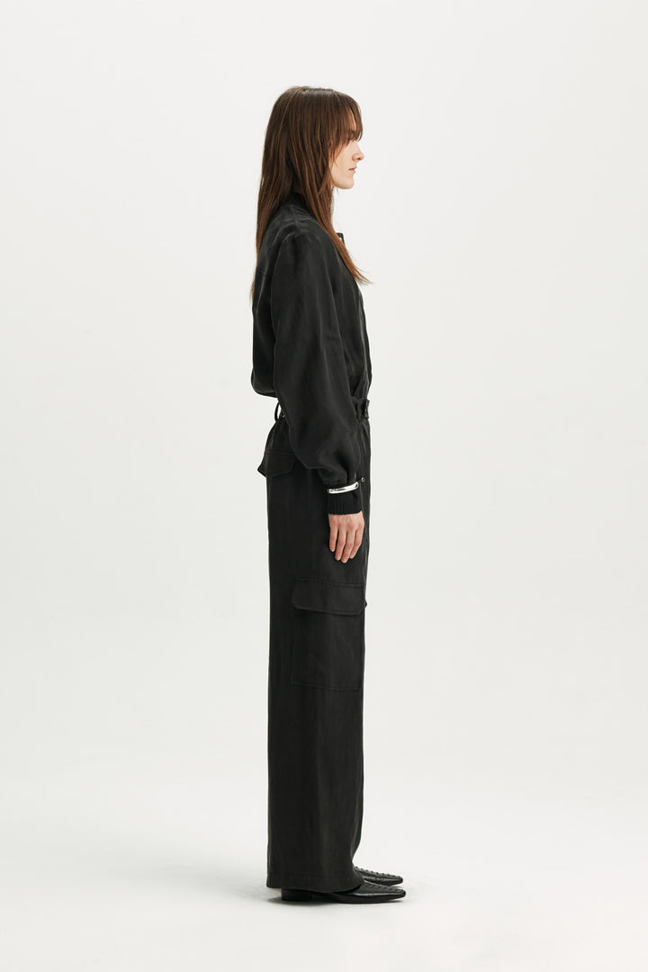 KIMMATIN Silky Belted Cargo Jumpsuit — Black