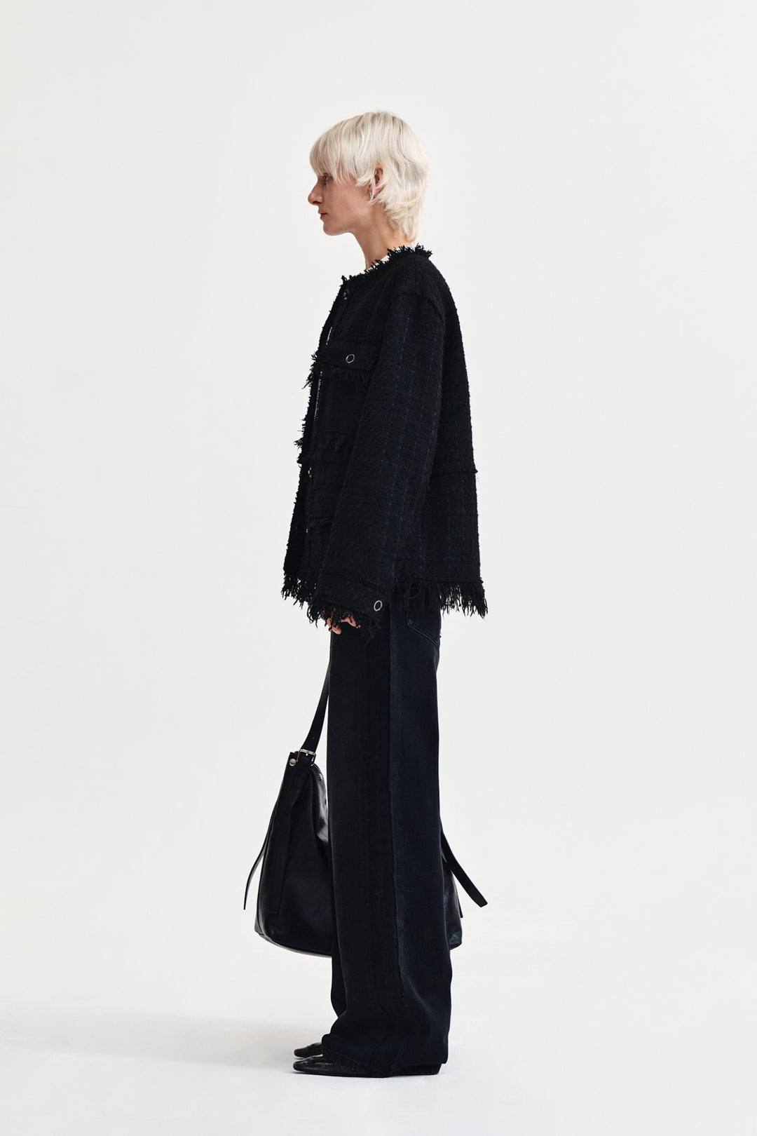 Matin Kim Two Way Collarless Tweed Jacket — Black