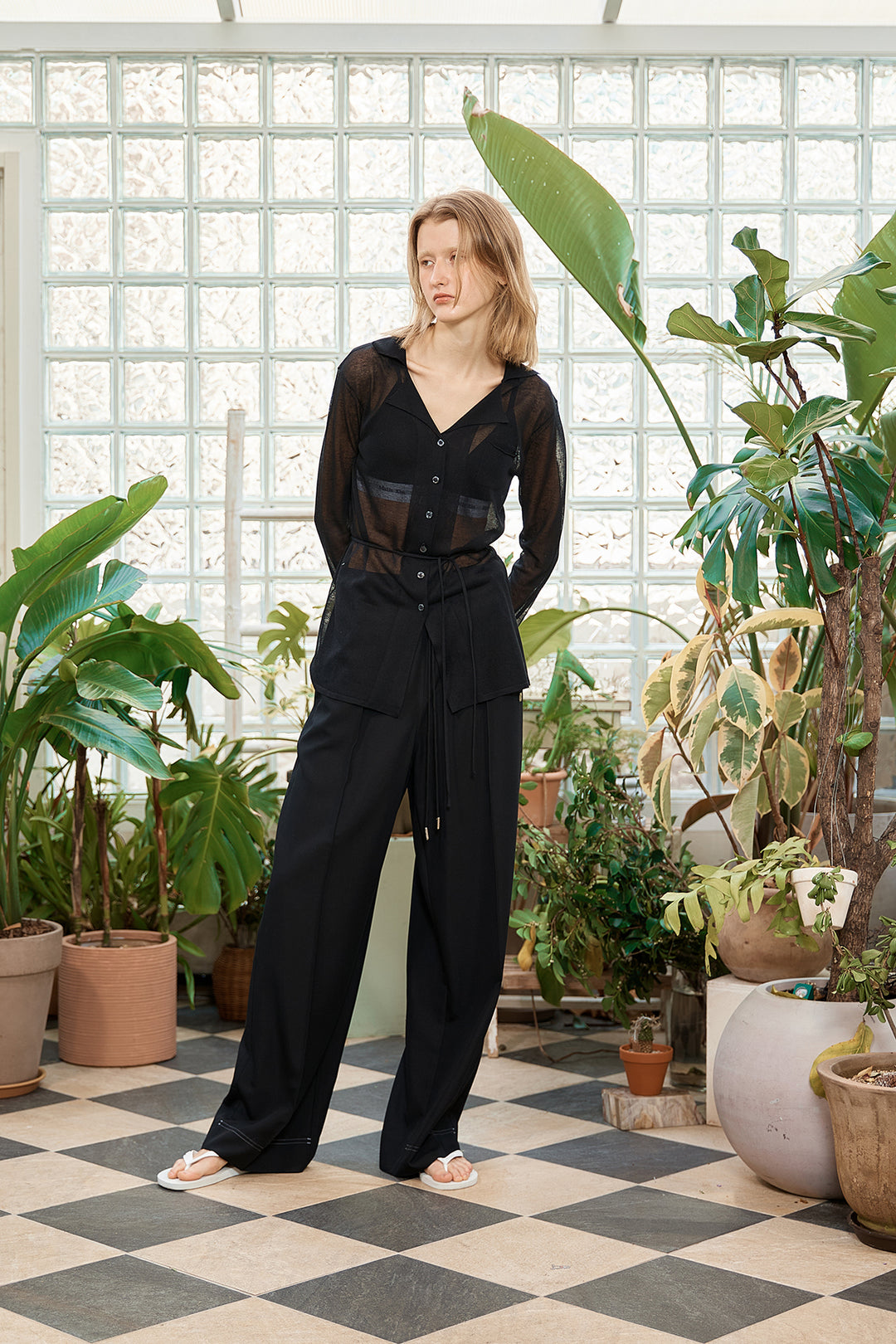 Matin Kim String Point Plain Long Cardigan — Black