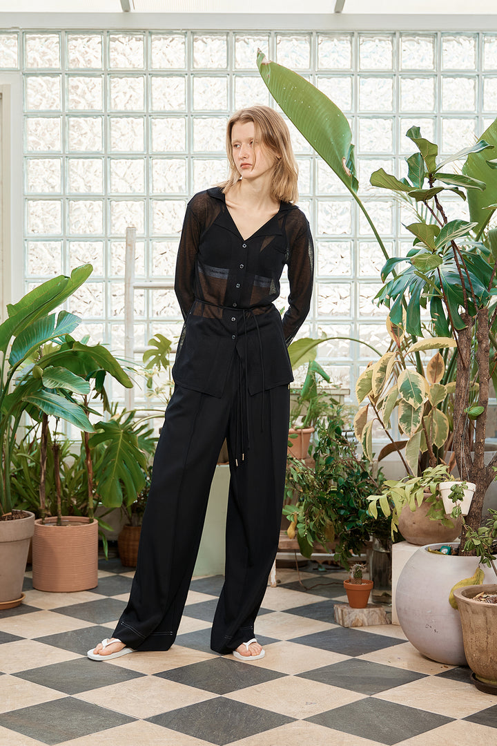 Matin Kim String Point Plain Long Cardigan — Black