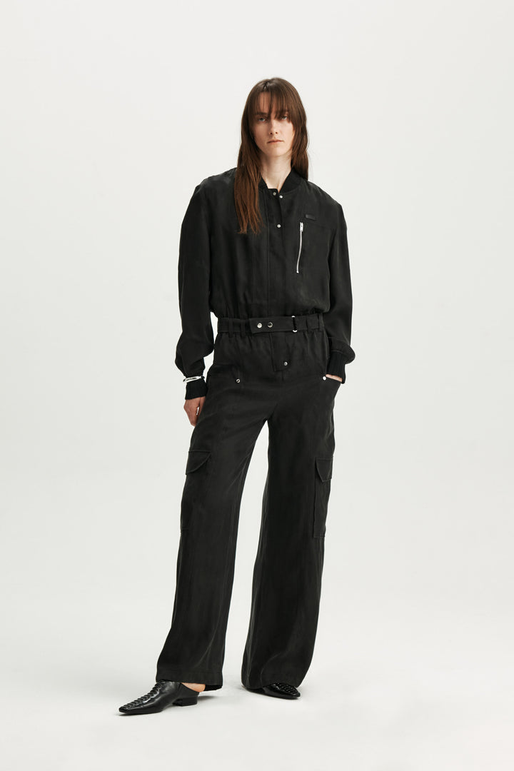 KIMMATIN Silky Belted Cargo Jumpsuit — Black
