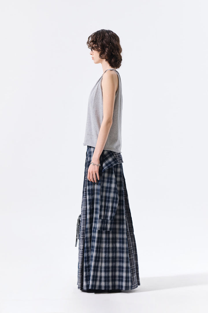 Matin Kim Mixed Check Sleeve Tie Flare Skirt — Navy blue