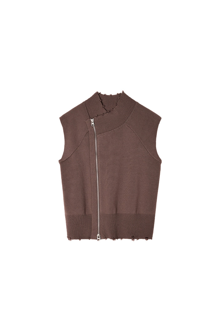 Matin Kim High Neck Logo Knit Zip Vest — Brown