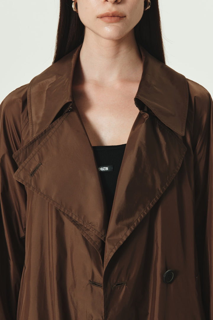 KIMMATIN Raglan Belted Nylon Trench Coat — Brown