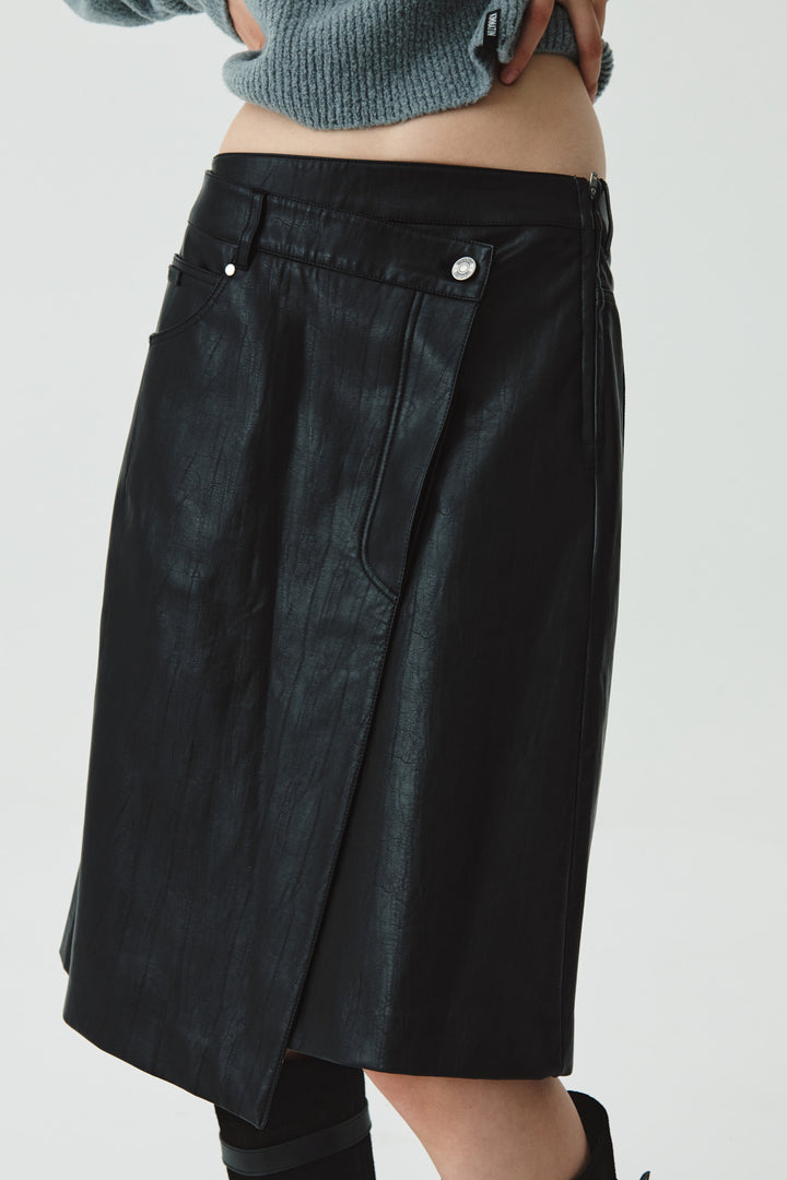 KIMMATIN Faux Leather Midi Wrap Skirt — Black
