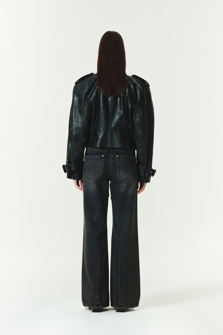 KIMMATIN Raglan Crop Leather Jumper — Black
