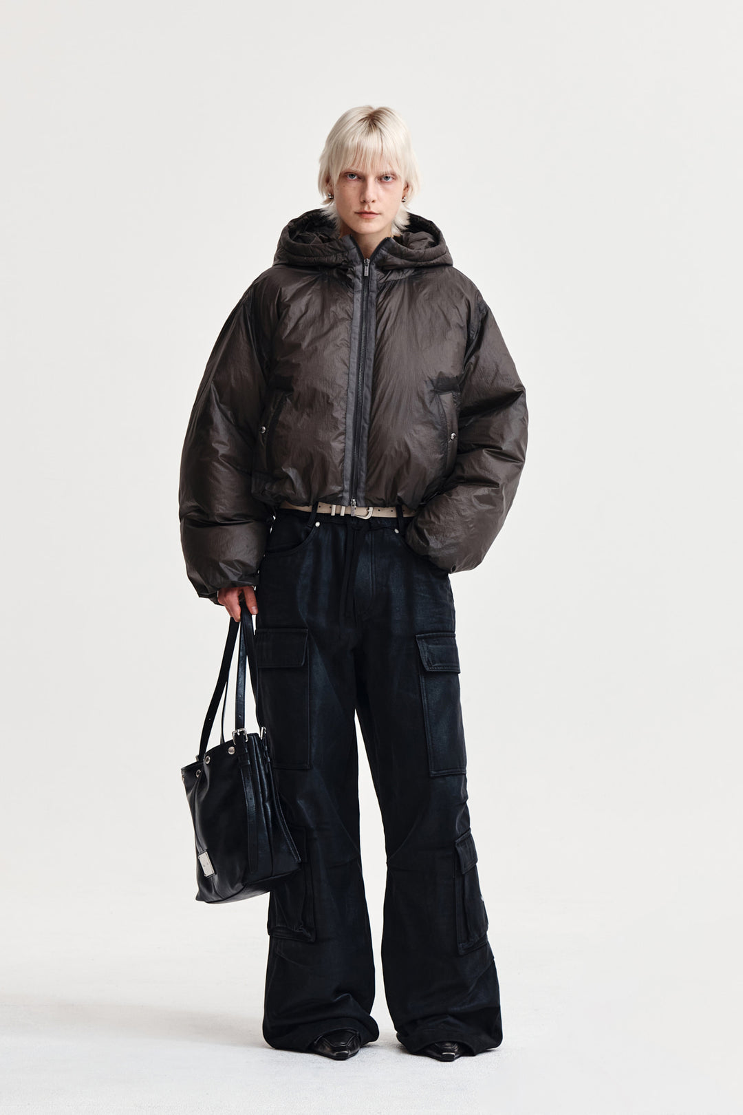 Matin Kim Back Logo Hoody Short Down Jumper — Charcoal