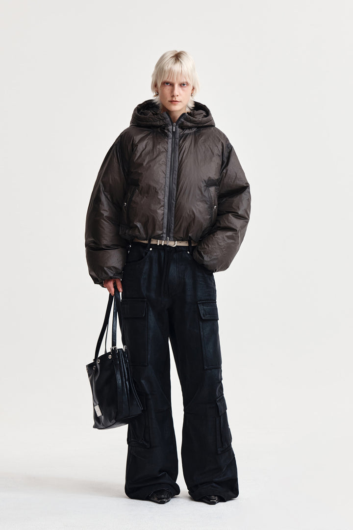 Matin Kim Back Logo Hoody Short Down Jumper — Charcoal