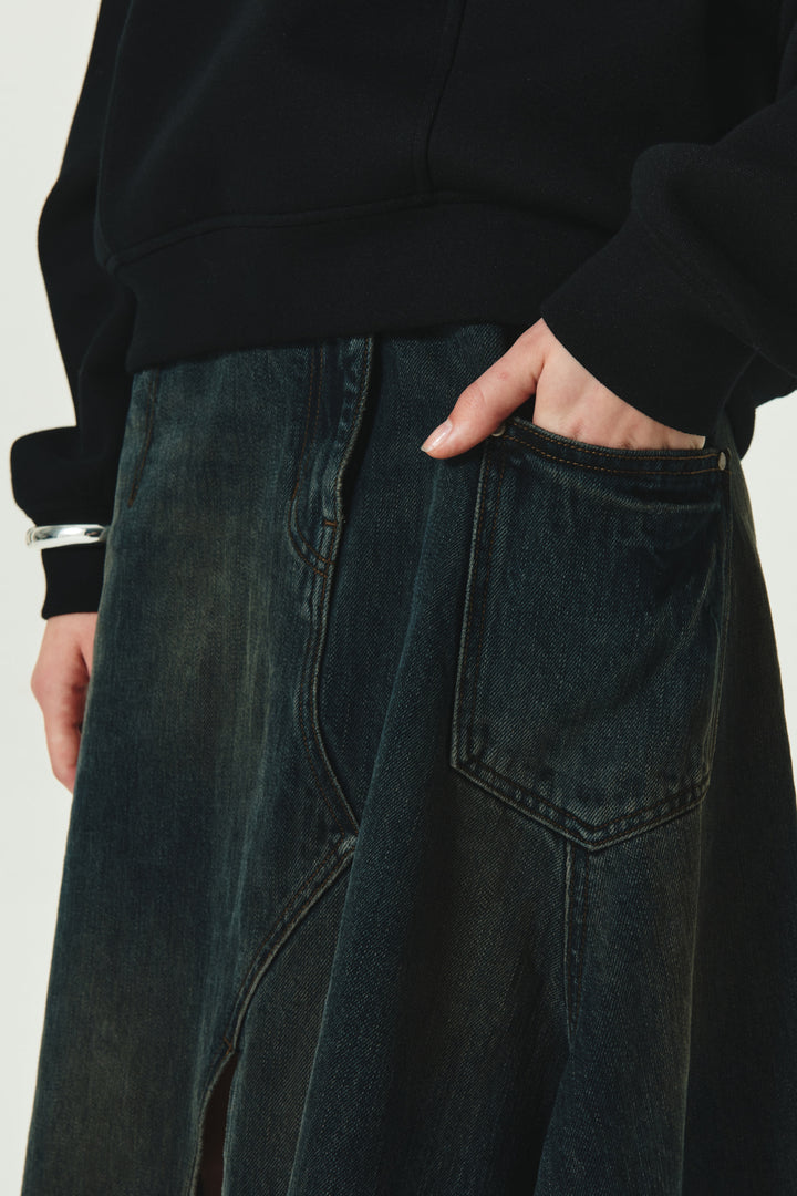 KIMMATIN Layered Denim Skirt — Dark Navy