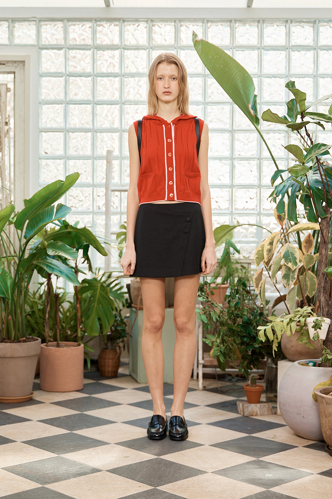 Matin Kim Wrinkle Hoody Button Knit Vest — Red