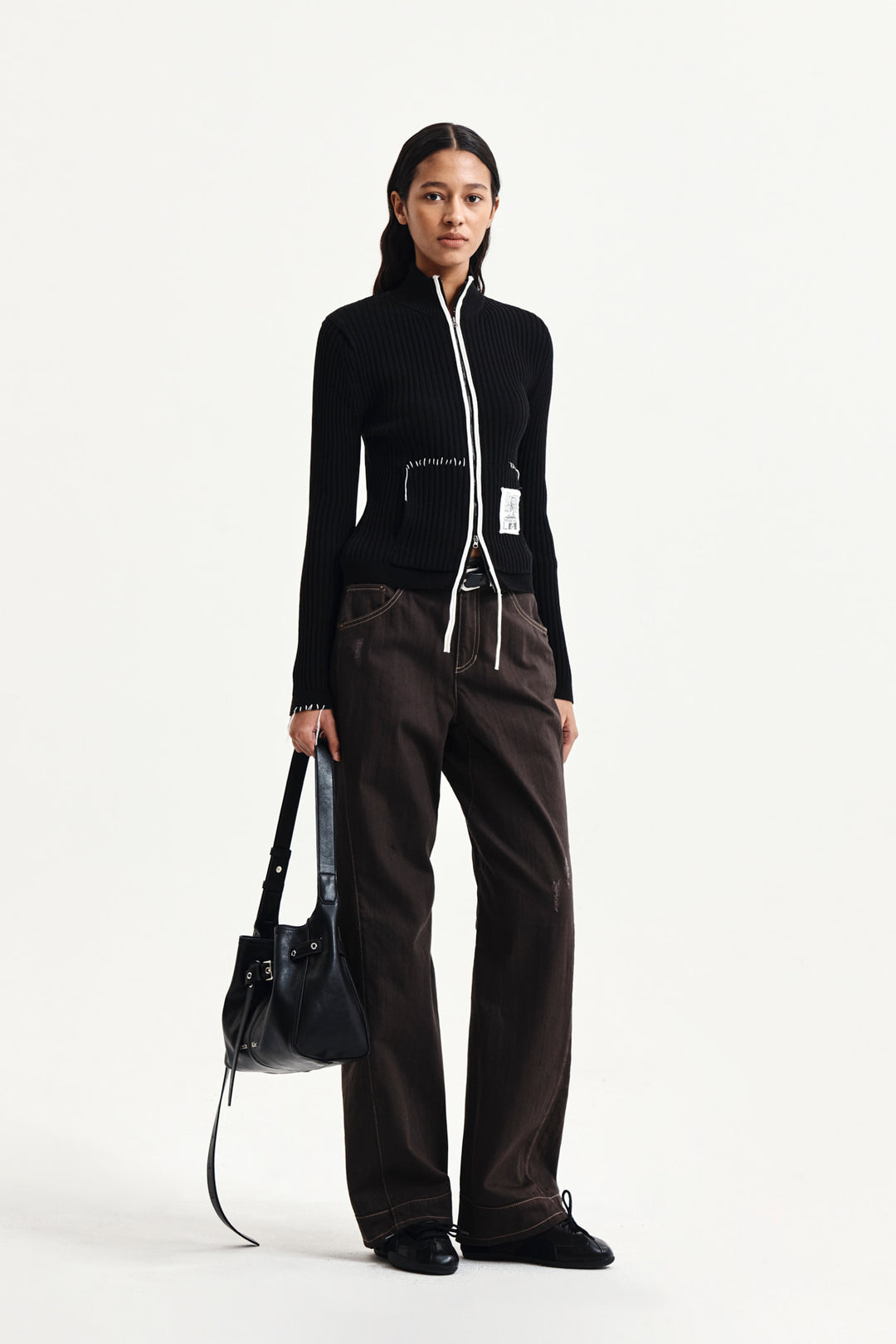 Matin Kim Waist Buckle Stitch Twill Denim — Brown