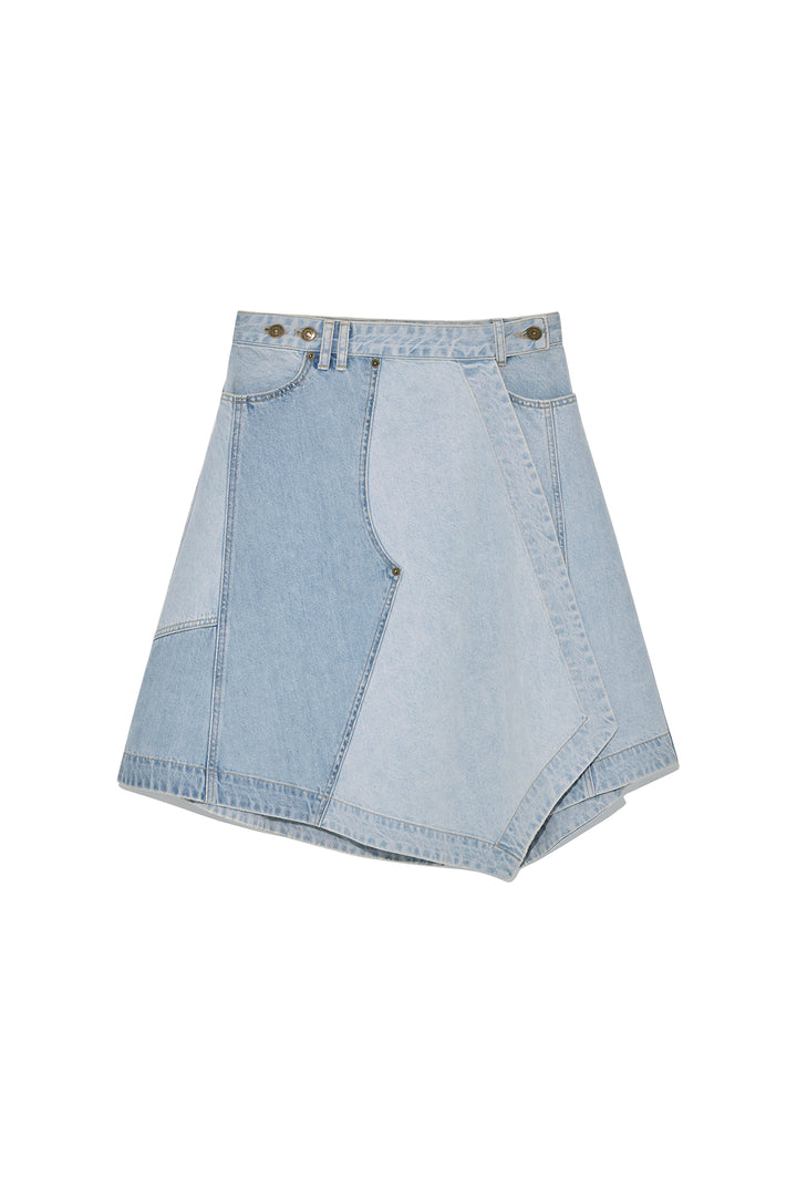 Matin Kim Denim Mixed Flare Skirt — Light Blue