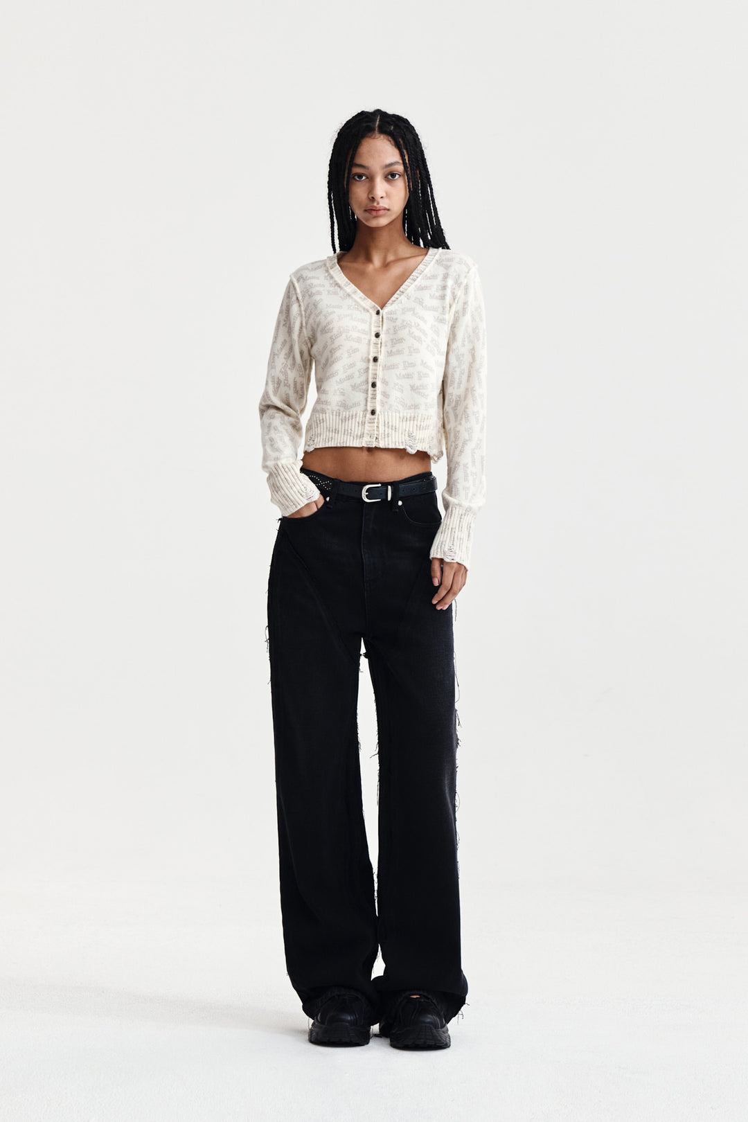 Matin Kim All Over Logo Crop Cardigan — Ivory