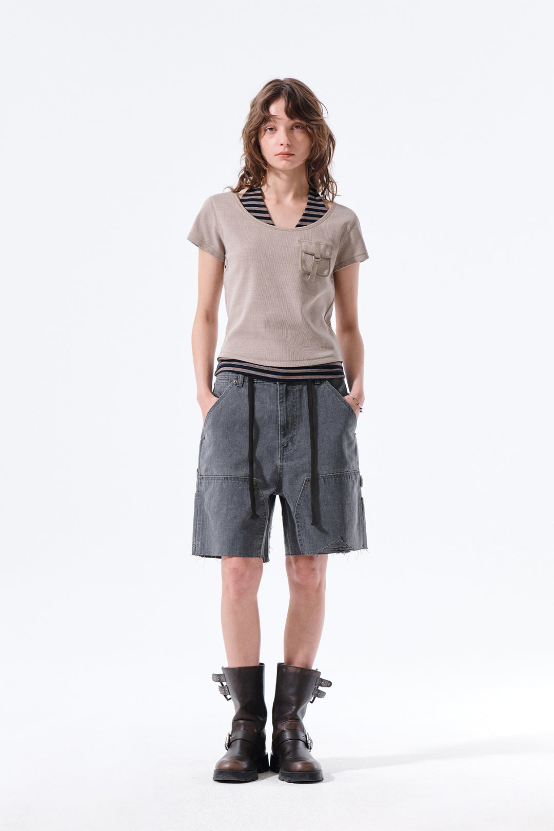 Matin Kim Herringbone Raw Cut Denim Shorts — Gray