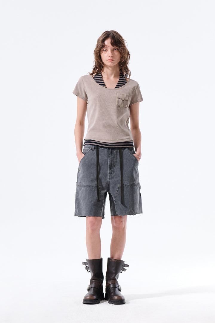 Matin Kim Herringbone Raw Cut Denim Shorts — Gray