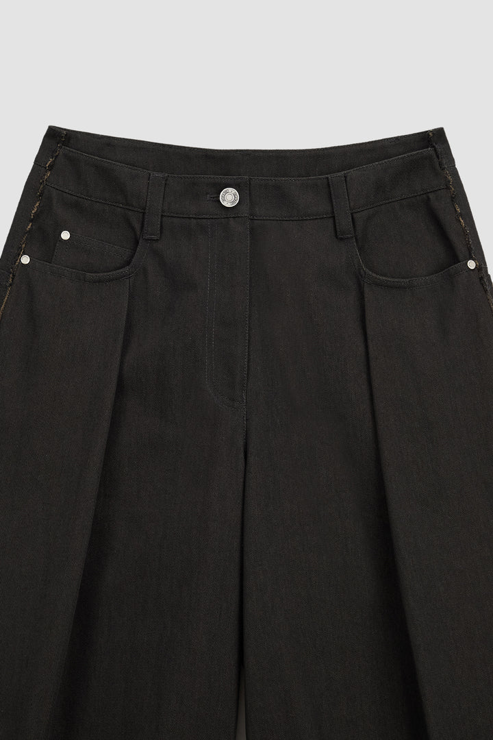 KIMMATIN Cutting Detail Wide Cotton Pants — Black
