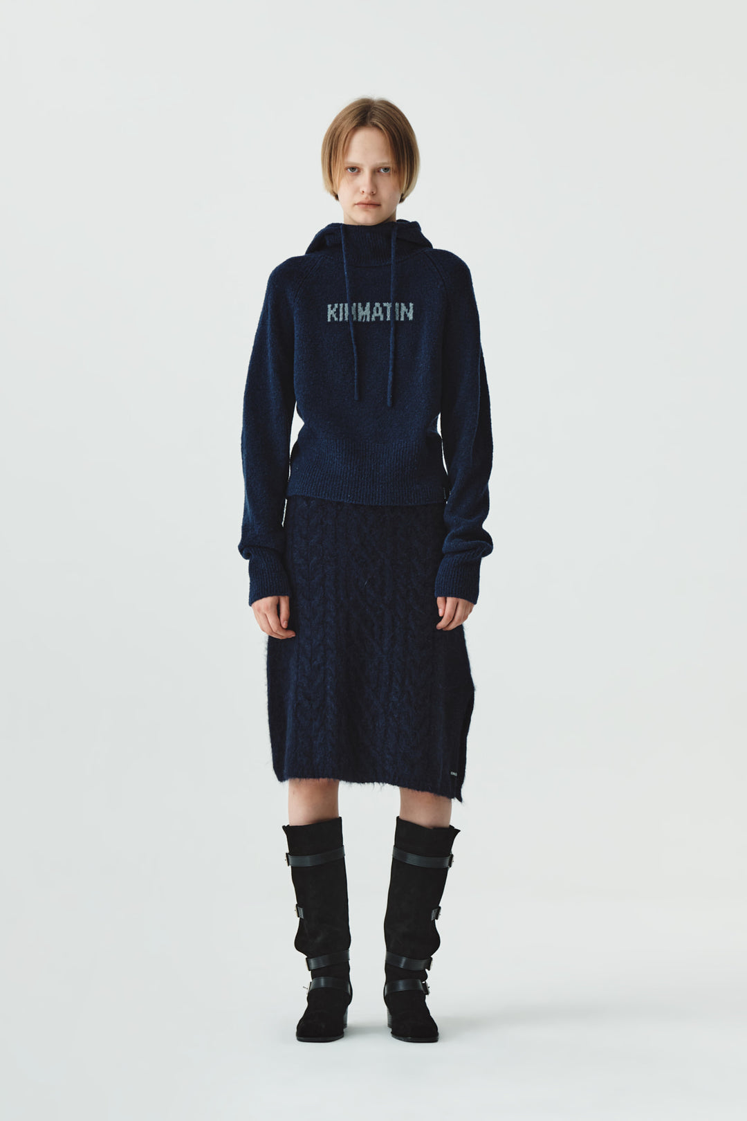 KIMMATIN Wide Cable Midi Knit Skirt — Navy blue