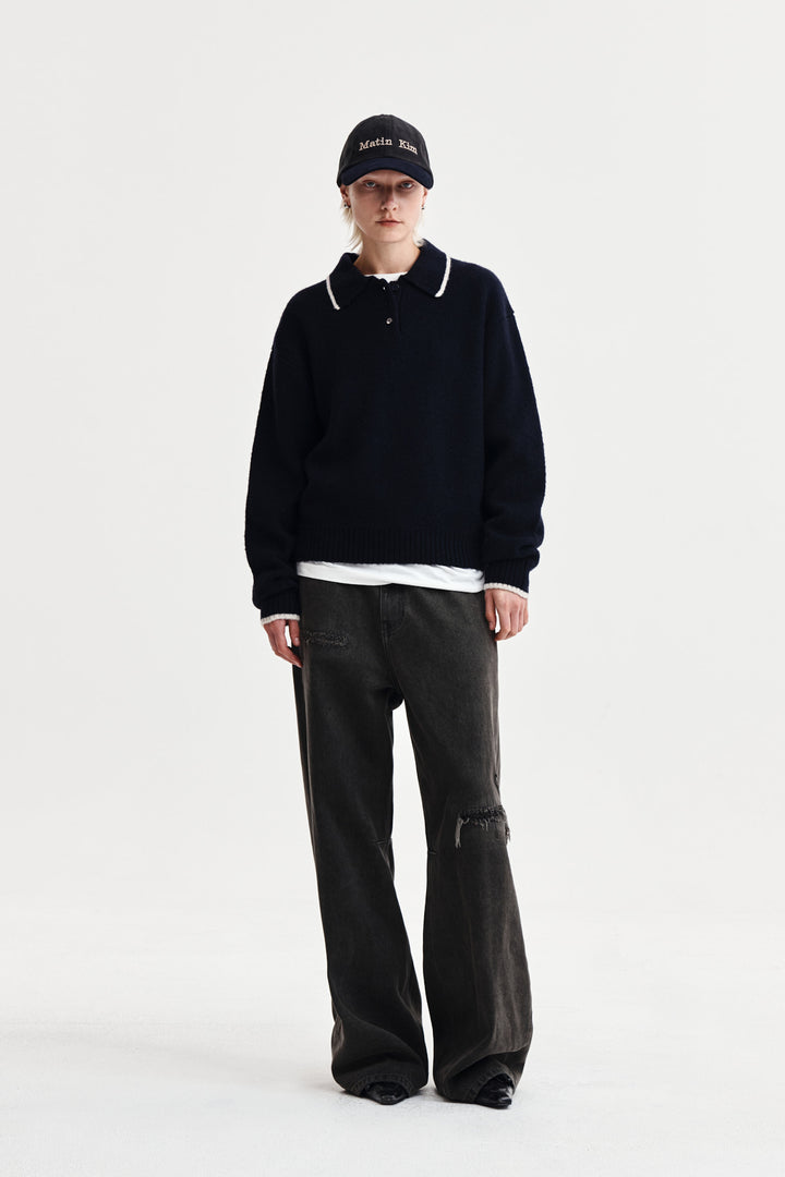 Matin Kim Back Logo Collar Knit Top — Dark Navy