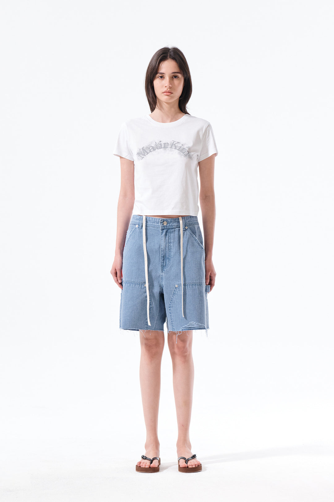 Matin Kim Herringbone Raw Cut Denim Shorts — Light Blue
