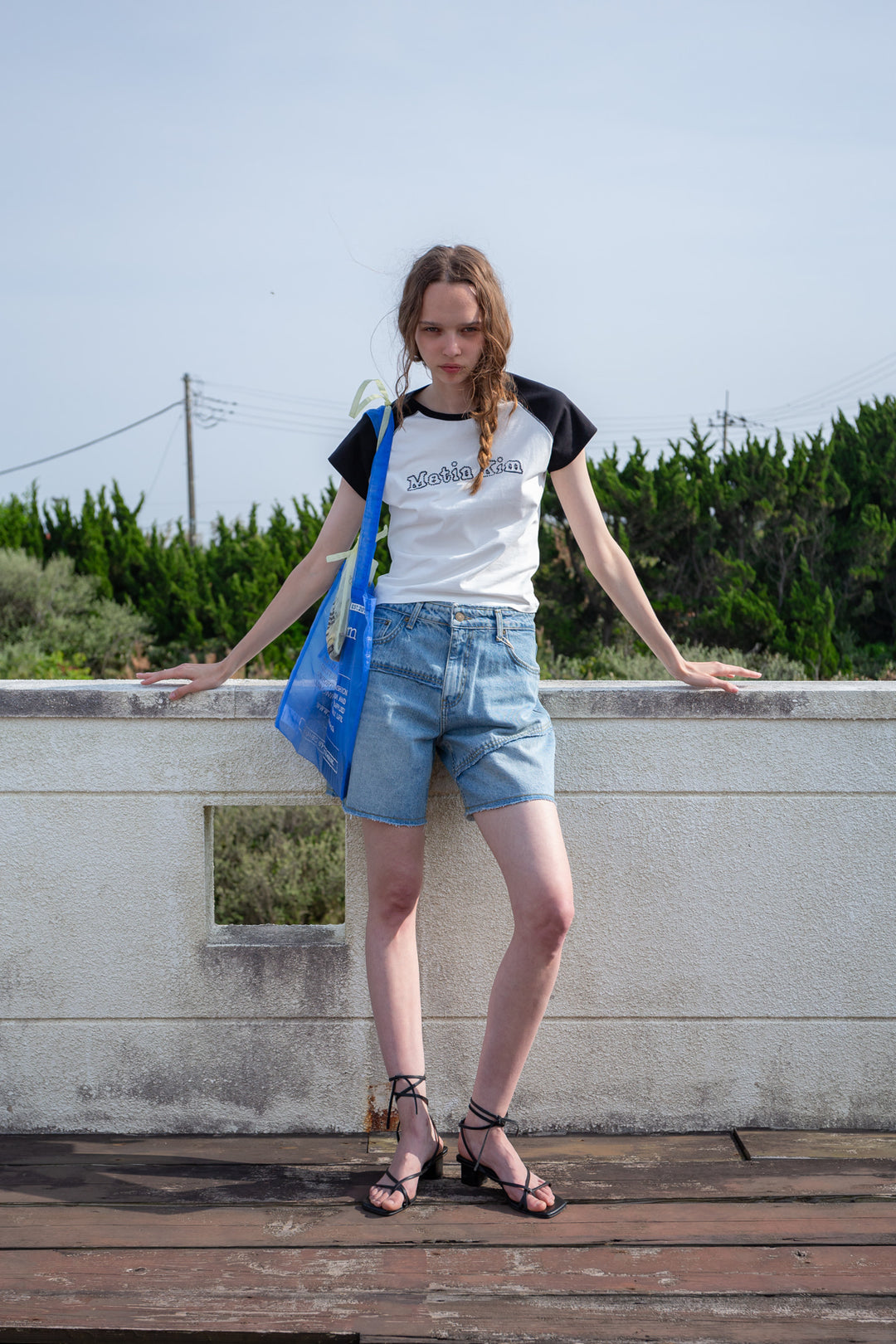Matin Kim Flower Stitch Raglan Logo Top — Black