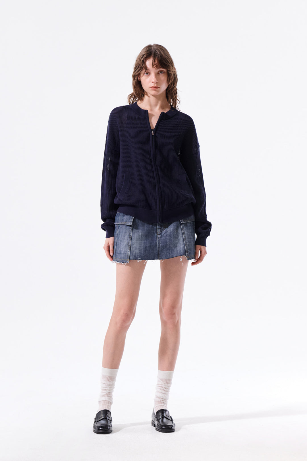 Matin Kim Back Logo Jacquard Mesh Knit Zip — Navy blue