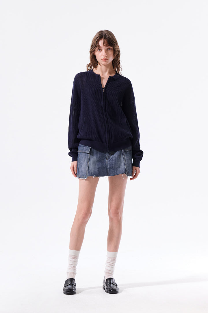 Matin Kim Back Logo Jacquard Mesh Knit Zip — Navy blue