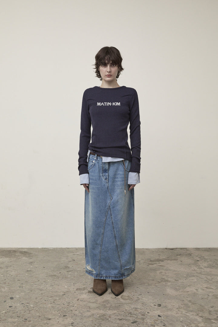 Matin Kim Glitter Slim Logo Knit Top — Navy blue