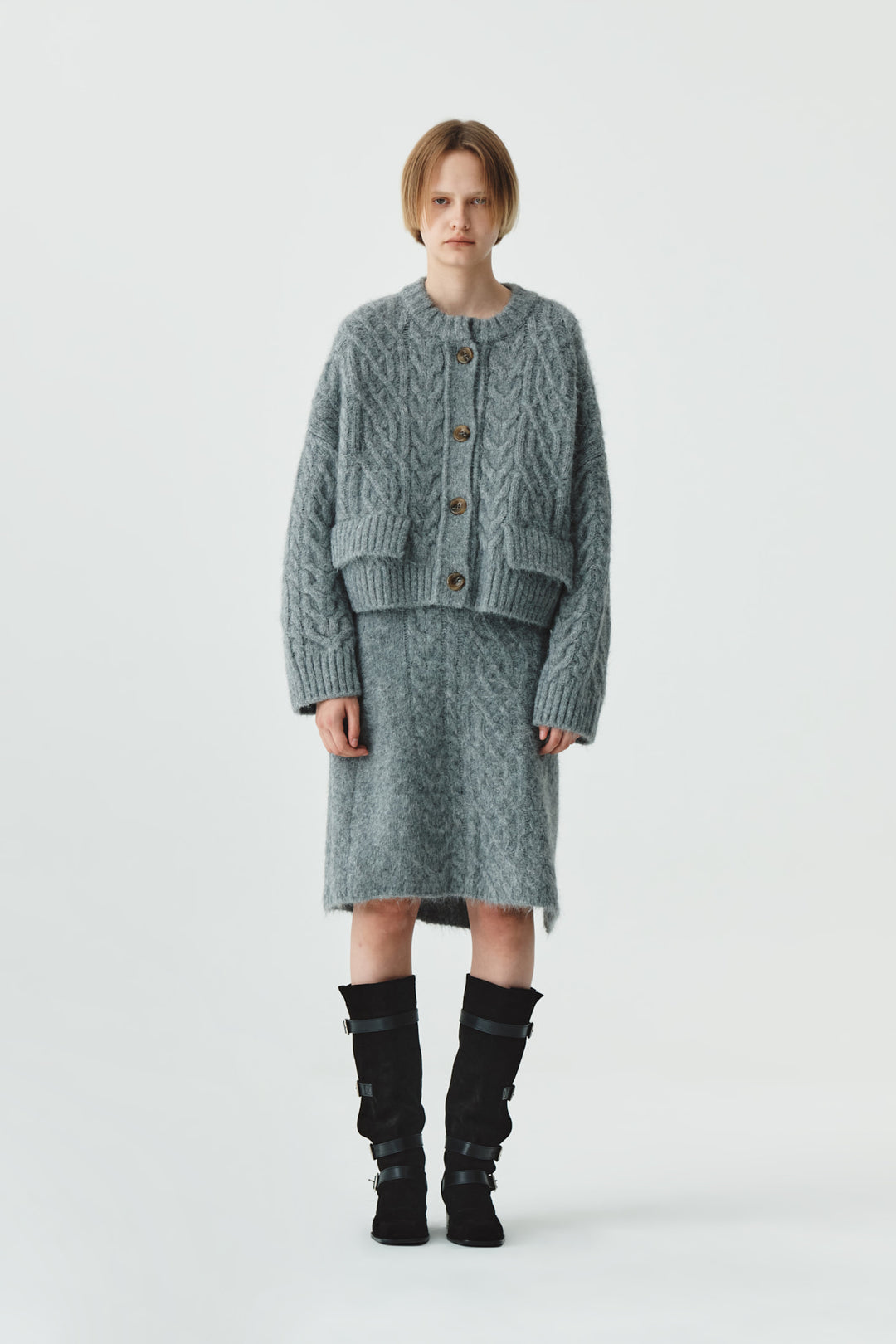 KIMMATIN Wide Cable Midi Knit Skirt — Gray