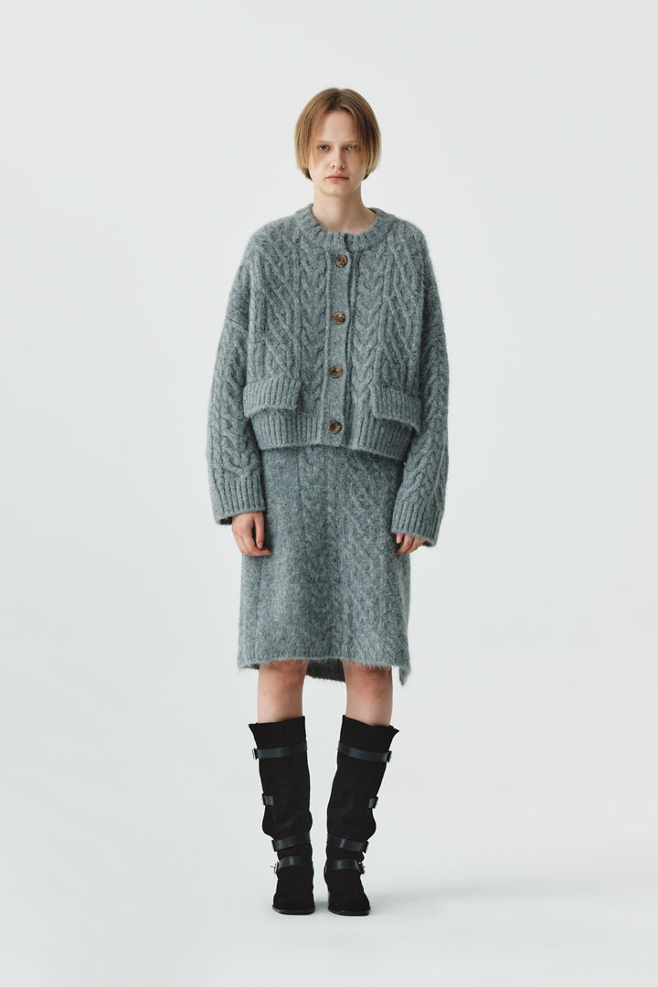 KIMMATIN Wide Cable Midi Knit Skirt — Gray