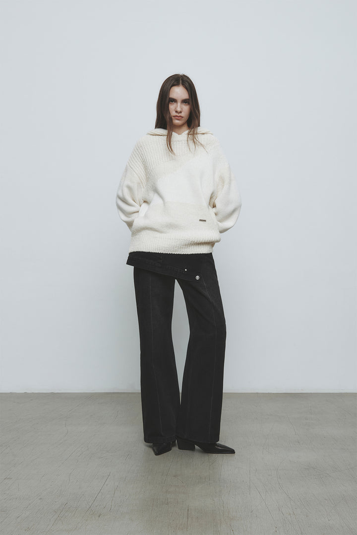 KIMMATIN Color Mix Unbalance Knit Hoody — Ivory