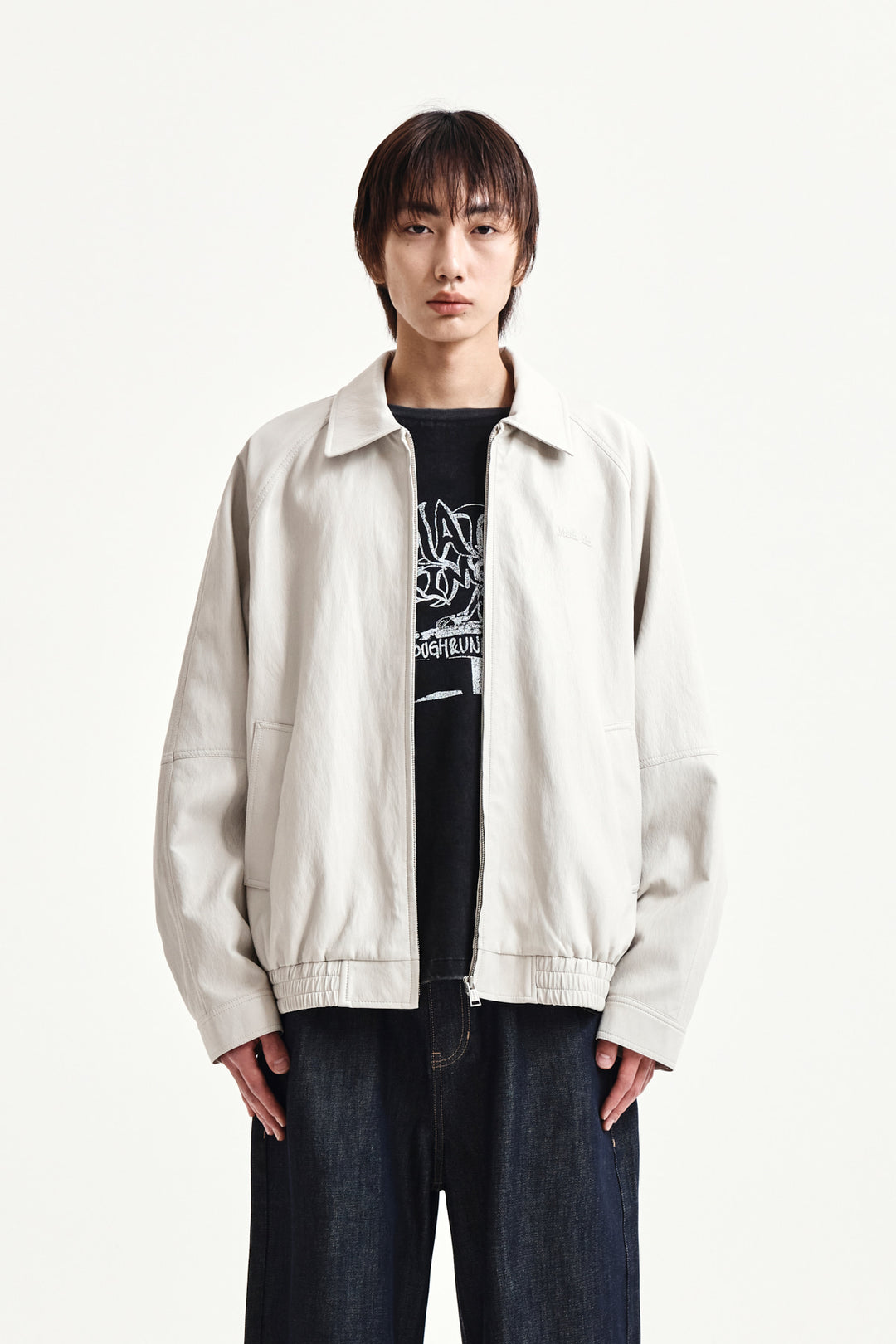 Matin Kim Small Logo Faux Leather Zip-Up — Light Grey